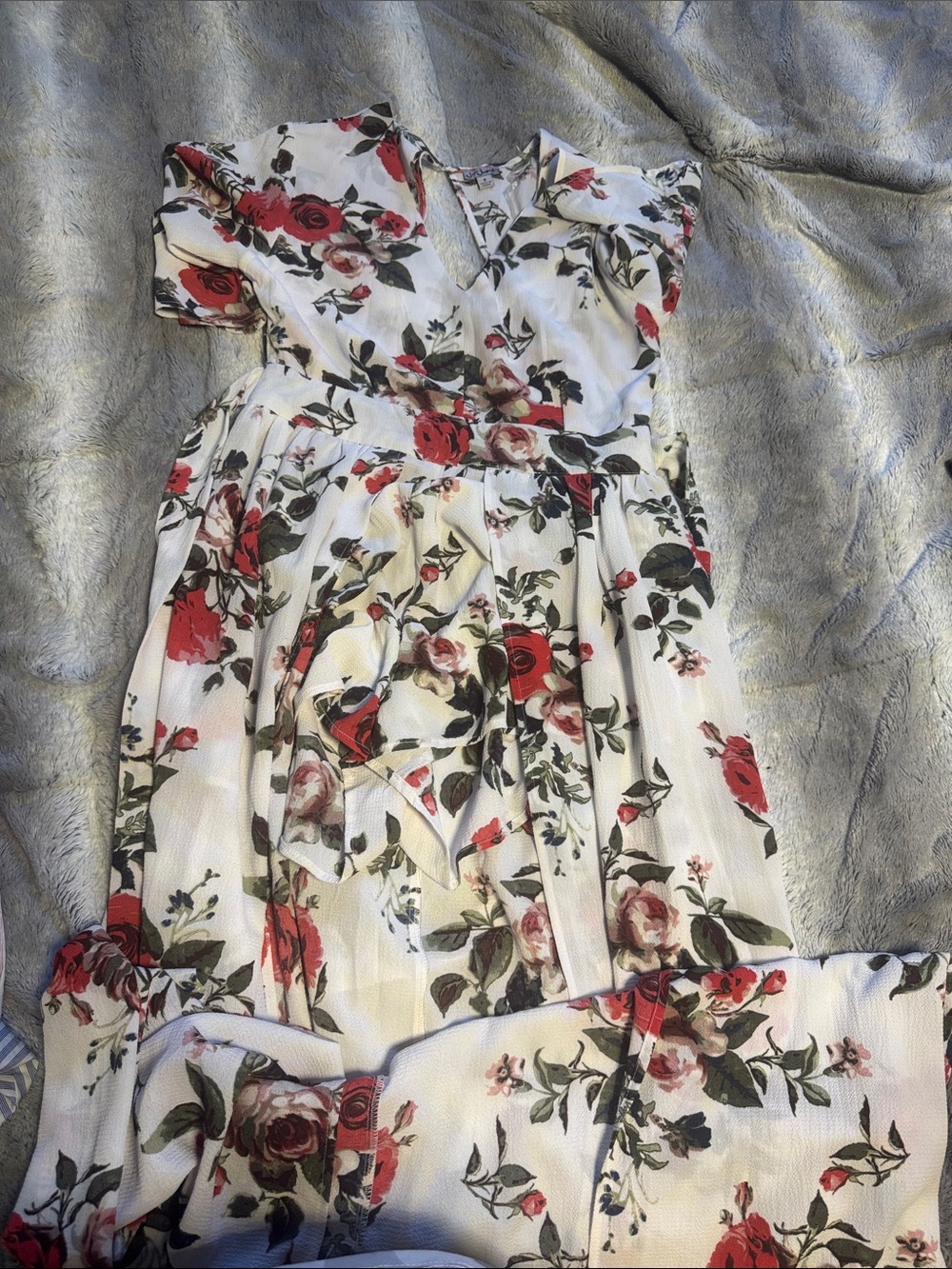 White Floral V-Neck Maxi Dress with Red Roses